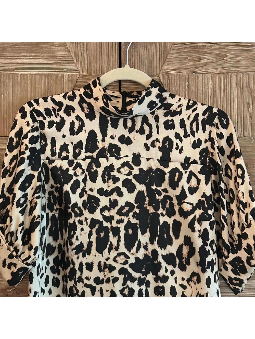 Zara Womens Corporate Chic Leopard Print Midi Dress Mock Neck Small Office Siren - Picture 3 of 6